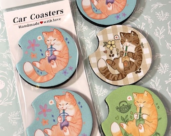 cute cat coaster | set of two | cute car coaster | aesthetic car accessory | boba milk tea, iced coffee, matcha | cat lover | gifts for her
