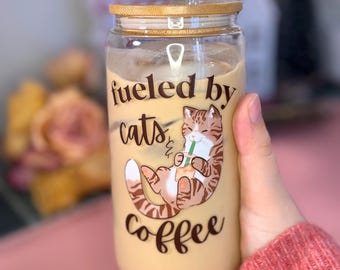 Fueled by cats & coffee | clear 16oz tumbler | cute iced coffee tumbler | glass tumbler with lid and straw | cute iced coffee gift for her
