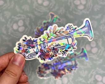 floral trumpet sticker | holographic sticker | musician sticker | orchestra sticker | die cut sticker | laptop and water bottle sticker