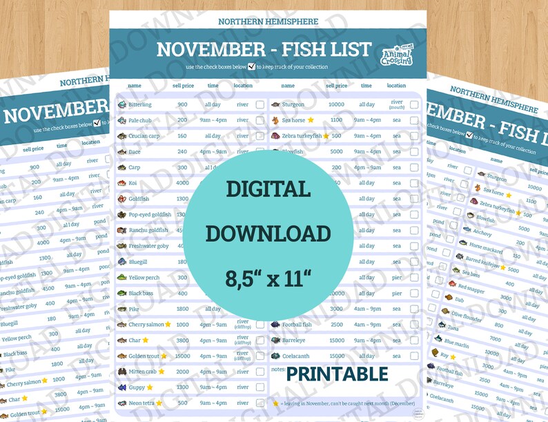 Fish Checklist November Animal Crossing New Horizons Etsy