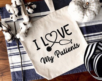 Nurse Canvas Reusable Tote Bag, I Love My Patients Tote Bag, Nurse Gift, Nurse Reusable Shopping Bag