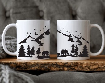 Bear Mountain Scenery Mug, Ceramic Bear Mug, Mountains Wrap around Mug, Gift for Bear Lover