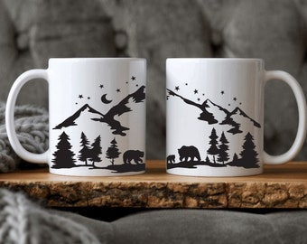 Taza con paisaje de montaña de oso, Taza de oso de cerámica, Taza envolvente de montañas, Regalo para amante de los osos