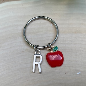 Teacher Apple Keyring, Personalized Silver Apple Charm Keychain, Initial Keyring, Teacher Gift, School Keyring,