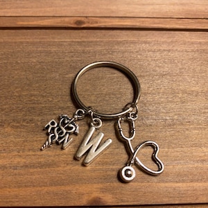 RN Caduceus Stethoscope Keyring, Silver Initial RN Charm Keychain, Personalized Nurse Keyring, Nurse Gift, Registered Nurse Keyring
