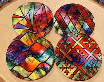 Stained Glass Coaster Set, Rainbow Ceramic Coasters, Colorful Coasters, Mosaic Geometric Coaster, Set of 4 Drink Coasters, Housewarming Gift