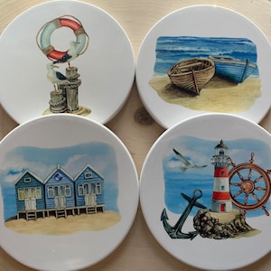Nautical Beach Coaster Set, Ceramic Coastal Sea Ocean Coasters, Summer Beach House Lighthouse Coasters, Handmade Coasters, Housewarming Gift