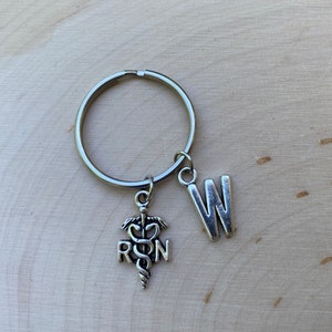 RN Caduceus Keyring, Silver Initial RN Charm Keychain, Personalized Nurse Keyring, Initial Keyring, Nurse Gift, Registered Nurse Keyring