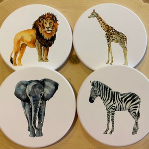 Juego de posavasos con animales del zoológico de safari, posavasos con animales del safari africano, posavasos con elefantes, posavasos con leones, posavasos con jirafas y cebras