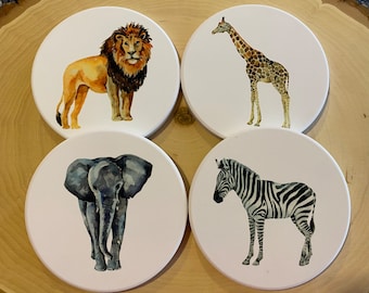 Safari Zoo Animal Coaster Set, African Safari Animal Coasters, Elephant Coasters, Lion Coasters, Giraffe Gift Zebra Coasters