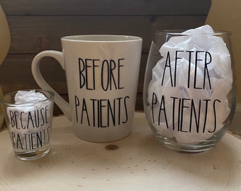 Vor den Patienten, nach den Patienten, Wein- und Kaffee-Geschenkset, Krankenschwester-Kaffeeweinset, lustiges Krankenschwester-Geschenk, Apotheken-Wein, weil Patienten