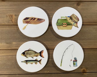 Fishing Coaster Set, Fisherman Lakehouse Coasters, Fish Themed Coasters, Father's Day Gift, Dad Gift, Fishing Gift For Men, Housewarming