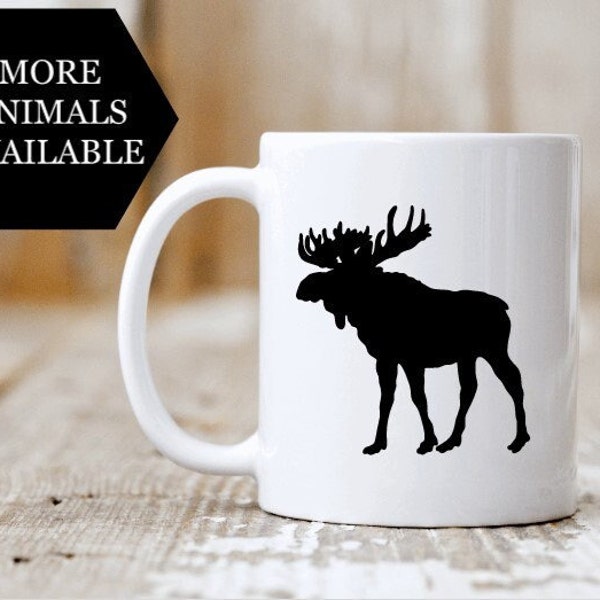 Woodland Animals Coffee Mugs, Forest Animals White Ceramic Coffee Mugs, Animal Silhouette Mugs, Alaska Mugs, Cabin Mugs