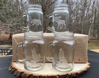 Woodland Animals Mason Jar Glasses, Forest Animals Mason Jars, Animal Silhouette Mason Jar Glasses, Wedding Mason Jars, Cabin Mason Jars