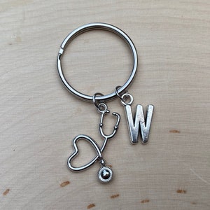Stethoscope Keyring, Silver Stethoscope Charm Keychain, Personalized Nurse Keyring, Initial Keyring, Nurse Gift, Doctor Keyring