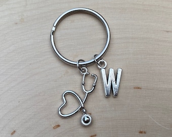 Stethoscope Keyring, Silver Stethoscope Charm Keychain, Personalized Nurse Keyring, Initial Keyring, Nurse Gift, Doctor Keyring