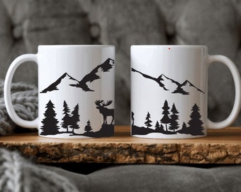Moose Mountain Scenery Mug, Ceramic Moose Mug, Mountains Wrap around Mug, Gift for Moose Lover