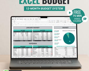 May include: A laptop screen displaying an Excel budget spreadsheet with tables for income, savings, and expenses, including a pie chart for spending. Text reads EXCEL BUDGET 12-MONTH BUDGET SYSTEM and FREE 75 MIN VIDEO COURSE and INSTANT DOWNLOAD.
