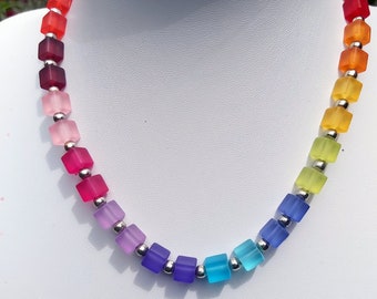 Necklace, chain, cube chain, necklace, rainbow colored, pearl necklace