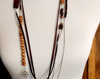 Long necklace gemstone chain, charm chain 4 rows, suede brown ethnic gift, boho, hippie single piece