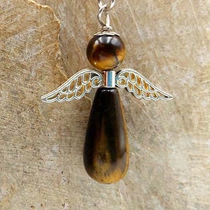 Large Angel Pendant Guardian Angel Tiger Eye – Stone of Strength & Clarity Gemstone Car Lucky Charm Protection Necklace Gift