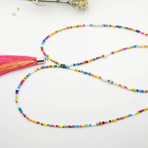 Long, delicate necklace, boho, ethno, Ibiza style, freshwater pearls, hippie chain, tassel, chains, tassel, summer, neon, colorful