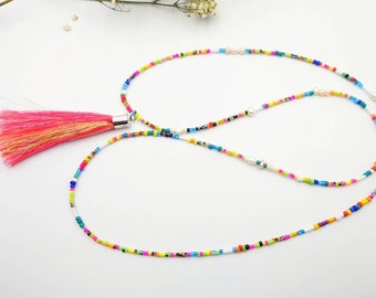 Long, delicate necklace, boho, ethno, Ibiza style, freshwater pearls, hippie chain, tassel, chains, tassel, summer, neon, colorful