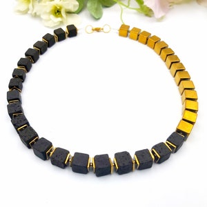 Necklace with Lava Hematite Cateye Beads Gemstone Necklace Pearl Necklace Woman Gift Black White Noble