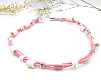 EM Ceramic Collar, Dog Chain with Leather, for Dogs and Cats, Natural Care, Decorative Collar, Pink