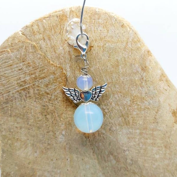 Angel, gemstone, moonstone, pendant, large guardian angel car, lucky charm, healing stone, necklace, gift, keychain