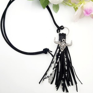 Halskette lang,Boho,Ethno ,Ibiza Style Hippiekette,Wildleder,Troddel ,Ketten,Quaste,Schädel,Leder Geschenk Festival schwarz