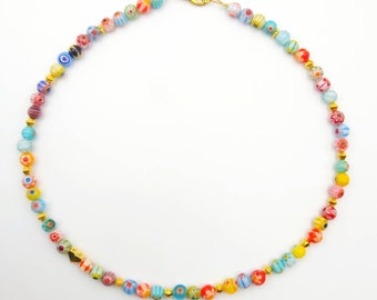 Collier délicat, Choker, Or, Perles Millefiori, Été, Coloré, Cadeau