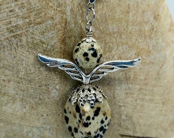 Ange XL, pendentif jaspe dalmatien, voiture ange gardien, porte-bonheur, pierre de guérison, collier, cadeau, porte-clés, pierre précieuse