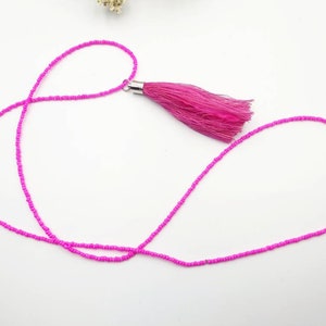 Long, delicate necklace, pink, boho, ethnic, Ibiza style hippie necklace, tassel, chains, tassel, summer, neon