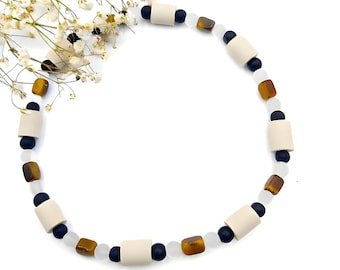 EM ceramic collar, dog chain with onyx, tiger eye, rock crystal healing stones for dogs, cats, natural tick protection, flea collar, calming