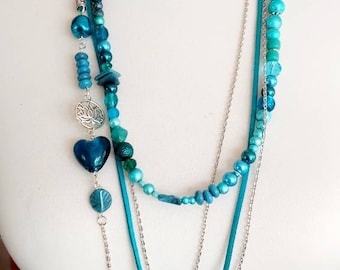 Long Necklace Begging Chain 4-row,Suede Petrol, Turquoise Gift,Woman,Statement Single Piece,Unique