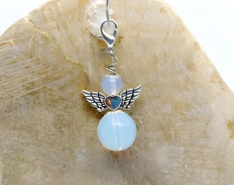 Angel, gemstone, moonstone, pendant, large guardian angel car, lucky charm, healing stone, necklace, gift, keychain