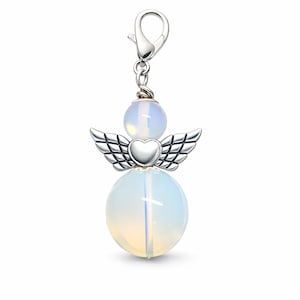 Angel, gemstone, moonstone, pendant, large guardian angel car, lucky charm, healing stone, necklace, gift, keychain