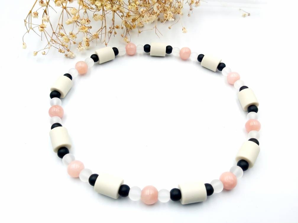 EM Ceramic Collar, Dog Necklace with Onyx, Rose Quartz, Rock Crystal Healing Stones for Dogs and Cats, Natural Tick Protection, Flea Collar, Separation, Calm
