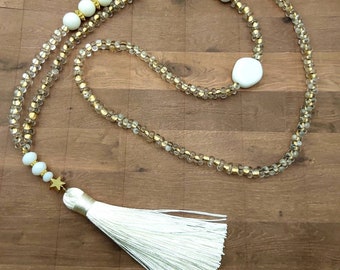 Long necklace, glass beads,tassel,gift,wife, girlfriend, white,gold