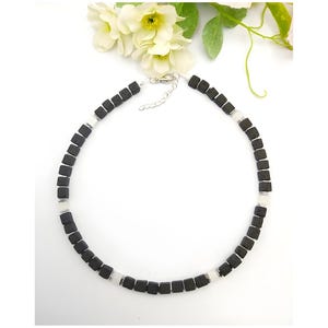 Necklace with Lava Hematite Cateye Beads Gemstone Necklace Pearl Necklace Woman Gift Black White Noble