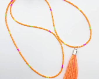 Long, delicate necklace, boho, ethno, Ibiza style hippie chain, tassel, chains, tassel, summer, neon, orange