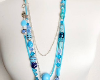 Long necklace, multi-row beaded necklace, suede, turquoise gift, woman, statement necklace, unique piece, one-of-a-kind