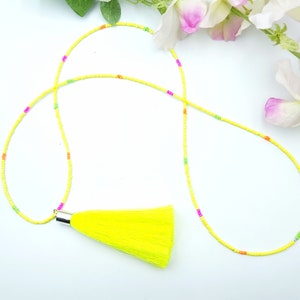 Long, delicate necklace, boho, ethnic, Ibiza style hippie necklace, tassel, chains, tassel, summer, neon, yellow