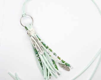 Long necklace, boho, ethnic, Ibiza style hippie necklace, suede, tassel, chains, feather, leather