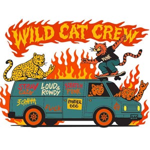 Op de afbeelding: Een grafische illustratie met een tealkleurige busje met oranje wielen en vlammen. De tekst "WILD CAT CREW" staat boven de bus. Cartoonkatten en luipaarden staan op en in de bus. De tekst op de bus bevat "STRAY CATS", "LOUD & ROWDY", "SCRATCH PUNK" en "PANTHER 666".