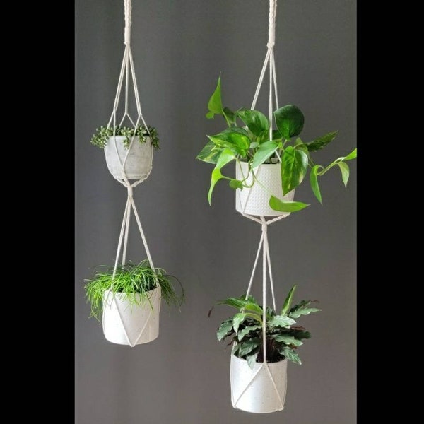 2 tier double  plant hanger, Macrame indoor hanging plant pot planter, no tassel plant hanger, plant holder, mother's Day gift UK