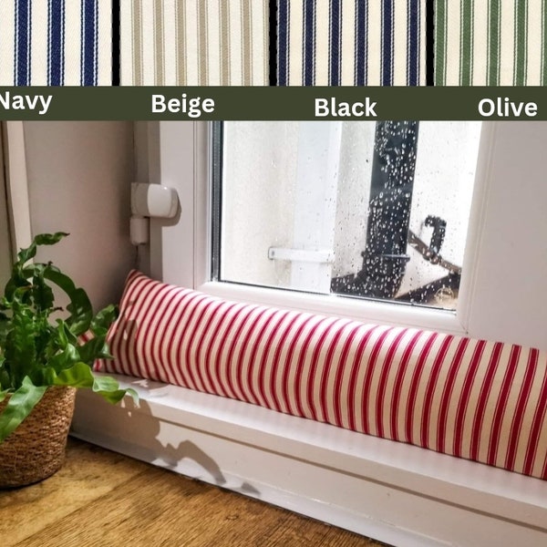 weighted draught excluder, custom length heavy draft stopper for patio doors, sausage for French doors or windows in cotton striped fabric
