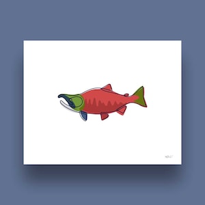 Single Line Sockeye Salmon Art Print – Minimalist Fishing Wall Decor for Anglers & Nature Lovers