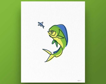 Lámina artística de Mahi Mahi de una sola línea: decoración minimalista de pared para pescadores y amantes de la naturaleza.